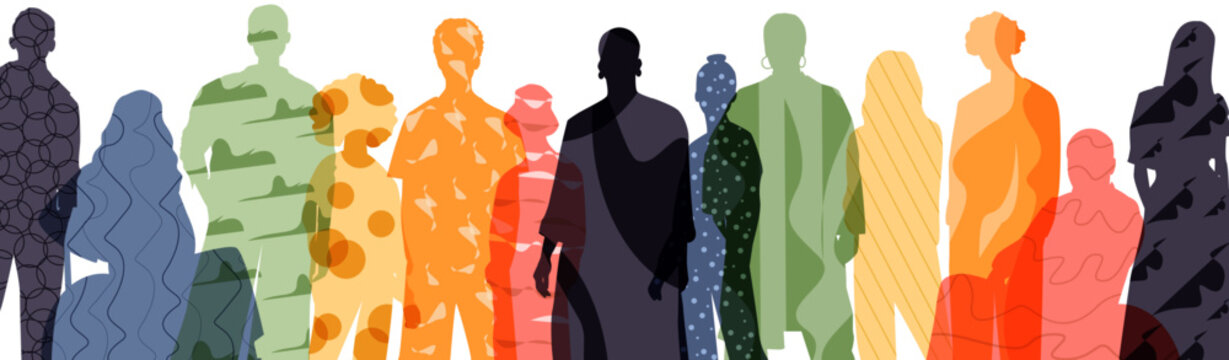 Silhouettes of different people standing together. Modern colorful design.