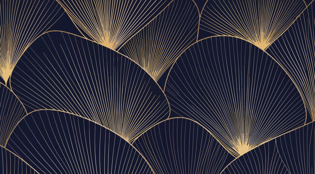 Abstract seamless pattern with golden ginkgo leaves on dark blue background