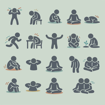 Minimal Stick Figure Mental Health Emotions Set Showing Burnout Anxiety Mindfulness and Emotional Recovery Concepts