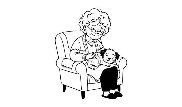 Senior Woman Sitting with Dog on Lap Cozy Hand Drawn Cartoon Vector Illustration Isolated on White