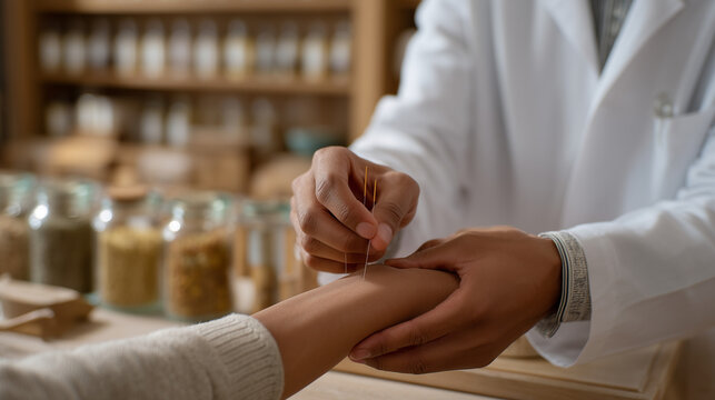 Close-up of a traditional Chinese medicine practitioner's hands placing acupuncture needles along a patient's forearm in a contemporary integrative hospital environment, clinical equipment and herba