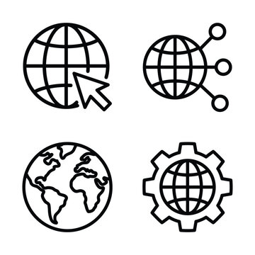 Linear web and internet connectivity icons showing globe with cursor network nodes world map and industry gear, internet