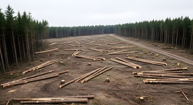 Deforestation Scene Showing Cleared Land and Tree Stumps in Forest Area.