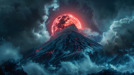 Fototapeta premium Dark Gothic Mount Fuji Under a Crimson Blood Moon Fantasy Landscape
