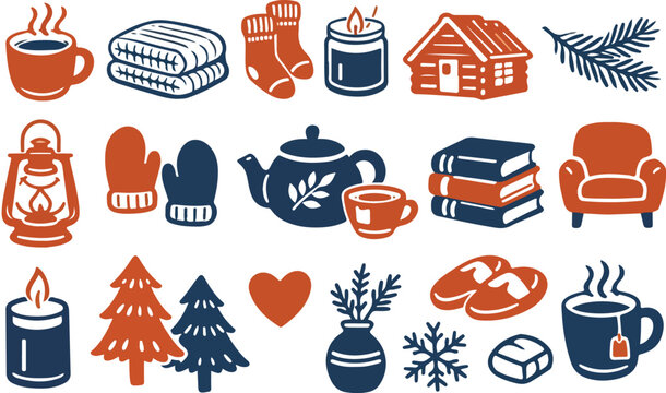 Nordic Hygge Cozy Living Hand Drawn Doodle Set with Winter Comfort Objects and Minimal Ink Style Illustration 
