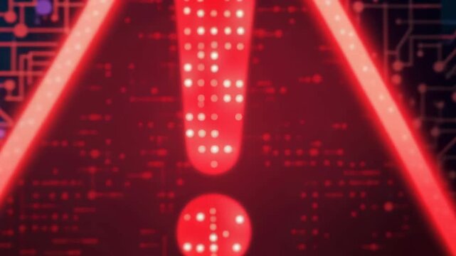 Red glowing warning triangle exclamation alert danger glowing triangle over red digital circuit