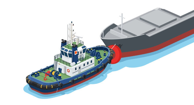 Isometric illustration of a powerful tugboat assisting a large cargo ship with port maneuvers, guiding the massive vessel through a busy waterway for safe docking operations