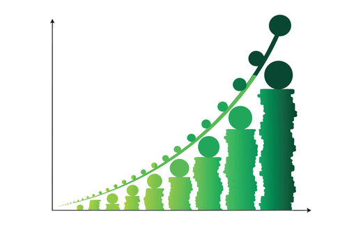 Exponential growth curve made from coins and data points, representing compound interest over time, smooth curved line, modern vector style