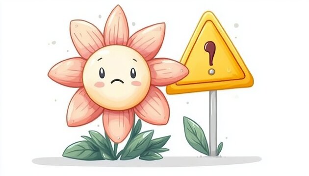 Cautionary Botanical Illustration A Sad Flowering Plant Near Warning Signage in Vector Art Style