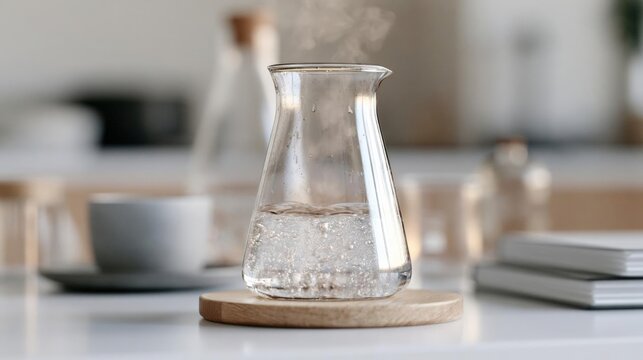 Glass pitcher on a wooden coaster on a kitchen countertop. the pitcher is made of clear glass and has a narrow neck and a wide base.