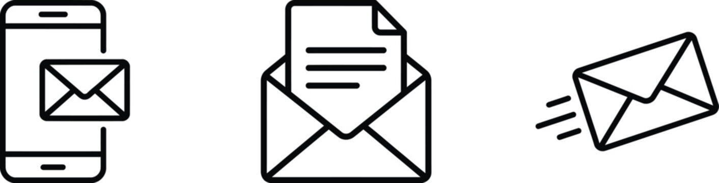 Outline vector icons showing mobile messaging an open email letter a sent message envelope social media line art