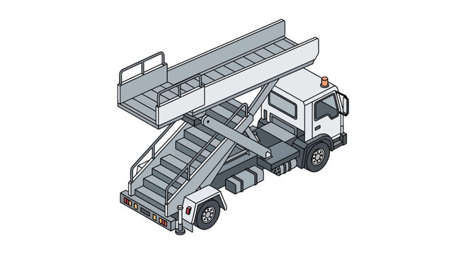 Isometric illustration of a modern airport passenger stair truck, a crucial ground support equipment for efficient aircraft boarding and disembarking operations