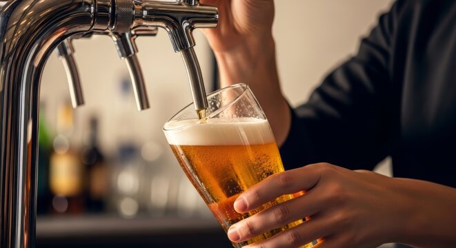 Bartender pouring fresh draft beer into glass from tap. Woman working behind bar counter serves cold alcohol beverage. Pub service, relaxation, nightlife and hospitality industry concept.