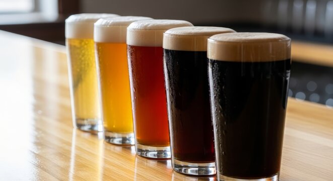 Row of beer glasses with different types of ale and lager on a bar counter. Tasting flight of alcoholic craft beverages. Brewery menu selection for pub social gathering and celebration.