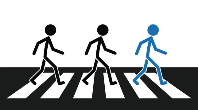 Three stick figures walking across a zebra crossing with one blue figure standing out in front