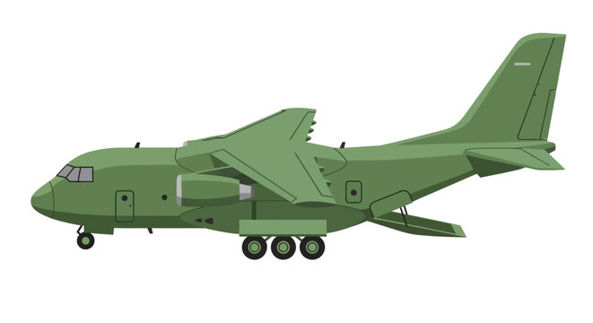 A detailed illustration of a military transport aircraft, showcasing its robust design and utilitarian features for cargo and troop deployment