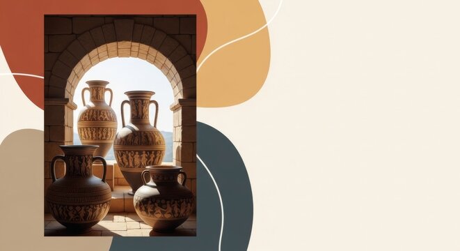 Ancient Greek amphorae lined up on stone steps through an arched window with a distant mountain view.