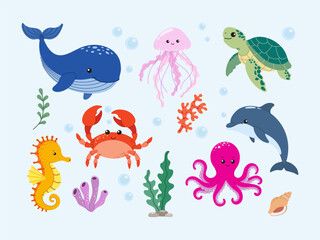 Cartoon ocean animals collection, colorful marine life icons, flat vector set. © Татьяна Кошелева