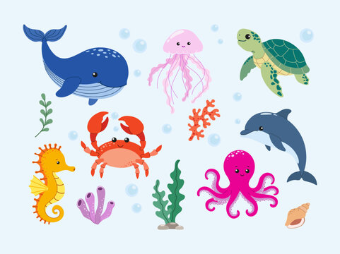 Cartoon ocean animals collection, colorful marine life icons, flat vector set.
