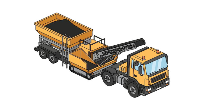 Isometric illustration of a specialized truck with a large hopper and conveyor belt, likely for construction or industrial material handling