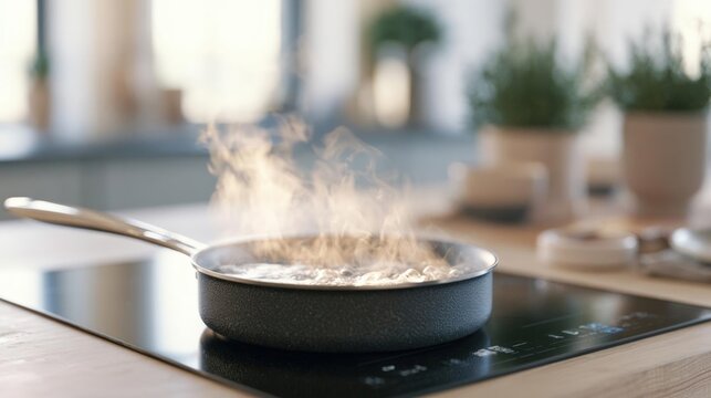 Frying pan on an induction cooktop in a kitchen. the pan is black and has a handle on one side. the steam from the pan is rising up from the burner, creating a hazy effect.
