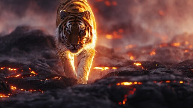 Majestic tiger walking forward with intense gaze through the glowing embers of a volcanic landscape