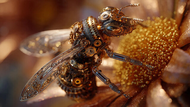 Intricate Steampunk Mechanical Honey Bee with Transparent Filigree Wings Collecting Golden Pollen