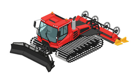 Naklejka premium Striking isometric vector art of a powerful red snow groomer, showcasing its robust tracks and front blade, crucial for meticulous ski resort slope maintenance