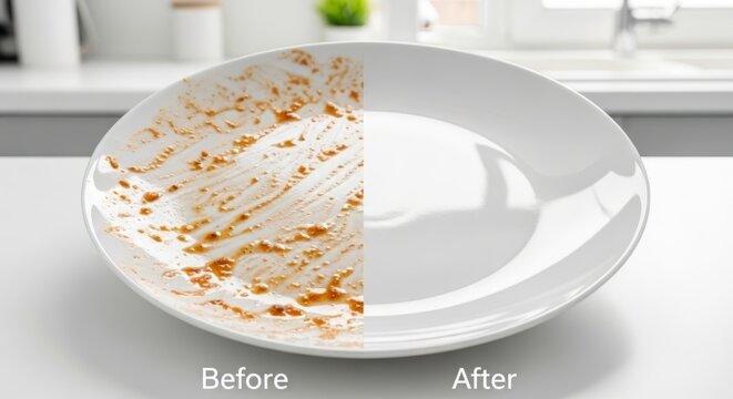 White plate with dirty and clean side divided by vertical line. Before and after comparison of dish washing. Concept of effective cleaning and housework efficiency in kitchen environment.