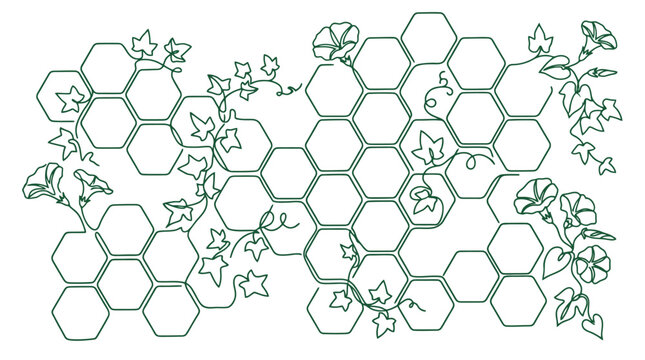 Honeycomb pattern with climbing vines intertwined on hexagonal grid.