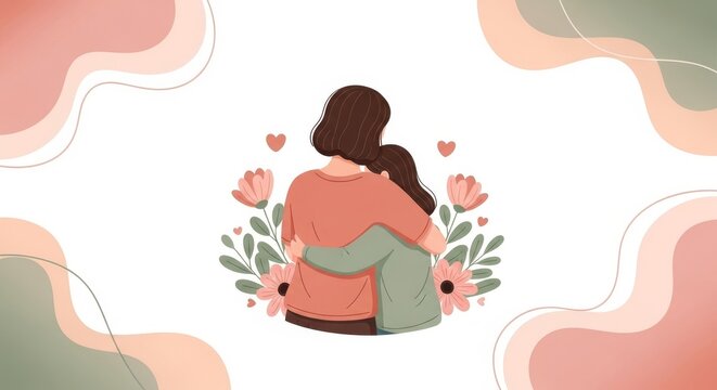Illustration of mother and daughter hugging closely, surrounded by flowers and hearts, on a soft pastel background.