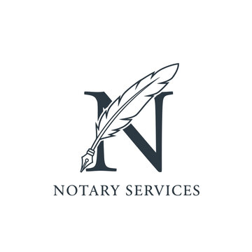 Initial Letter N with Feather Quill Pen Notary Writer Journalist vector logo design.