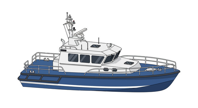 Detailed illustration of a modern blue and white patrol boat with radar and communication equipment, designed for maritime security and coastal surveillance missions