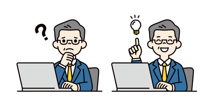 疑問が解消する、パソコンを操作する、上司・社長・経営者・実業家の上半身ベクターイラスト素材