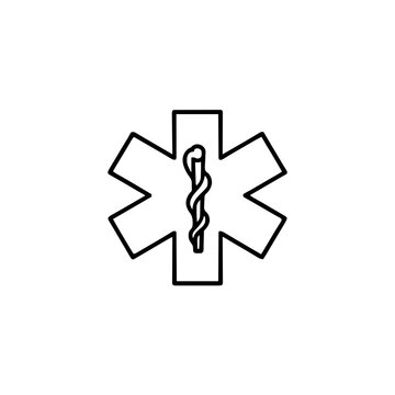 Star of life symbolizing emergency care and paramedic services. Line art vector icon, outline style, isolated on a transparent background