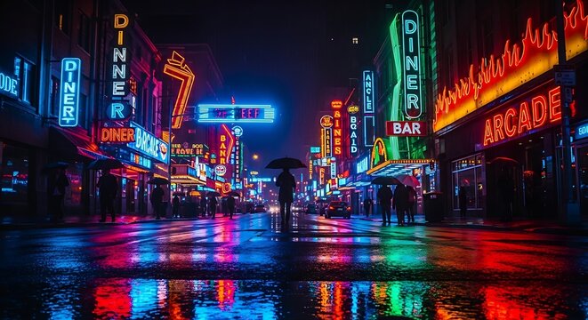 A vibrant nighttime cityscape, reflecting neon signs and streetlights in wet pavement. Silhouetted figures with umbrellas walk the boulevard