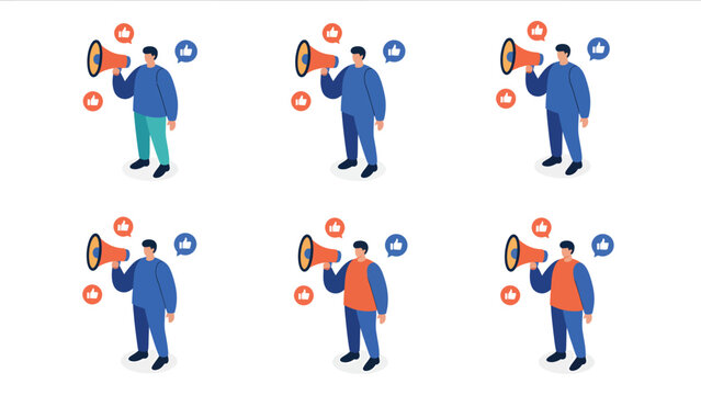Digital Marketing & Social Media Announcement Isometric Illustrations. People with Megaphones Broadcasting Messages & Engaging with Likes.