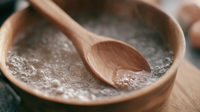 Wooden bowl with a wooden spoon in it. the bowl is filled with a dark brown liquid, which appears to be boiling or bubbling.