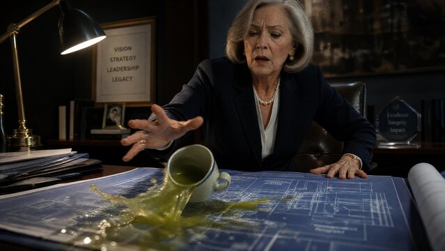 Senior Businesswoman Spilling Drink on Architectural Blueprints in Professional Office