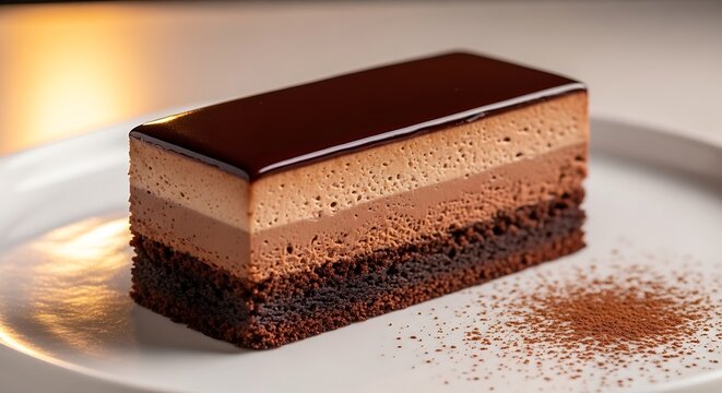 Layered chocolate mousse cake rectangle serving on white plate.