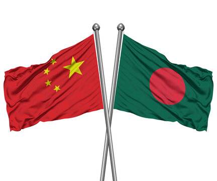 China and Bangladesh Crossed Desk Flags &ndash; Regional Cooperation 3D Render