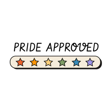 Retro computer rating bar with rainbow stars and Pride Approved slogan isolated on white. 90s aesthetic UI element for LGBTQ pride month celebration, community marketing, and social media stickers.