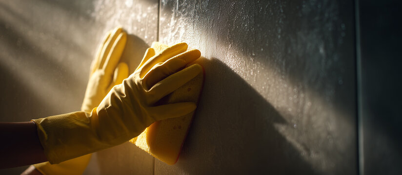 yellow gloves scours white tile