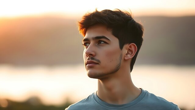 willpower. A determined individual gazing toward the horizon, bathed in golden hour light with a serene backdrop. wellbeing guides.