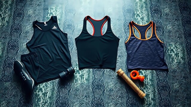 snakeskin. Athletic wear arranged on a gym floor with a snakeskin pattern texture. lifestyle magazines, social media lookbooks, designed for lifestyle magazines and social media content.