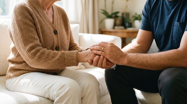 Compassionate nurse holding hands of senior elderly patient providing comfort and support during home care medical visit