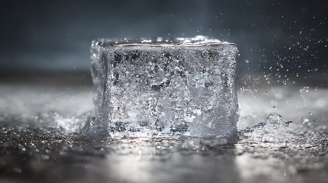A single transparent ice cube melting with water splashes on a dark surface.