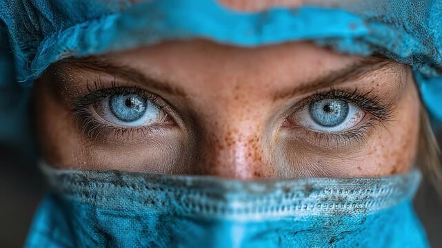 Close-Up Portrait of a Person with Striking Blue Eyes Wearing a Medical Mask and Surgical Cap, Highlighting the Intensity of Their Gaze and Expression in a Clinical Setting
