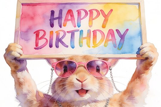 Cheerful rabbit in pink sunglasses holds colorful Happy Birthday sign, cute watercolor animal art.
