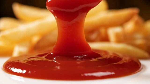 French fry being dipped into a pool of ketchup, showcasing the gradual immersion and thick texture of the sauce with crispy fries in the background